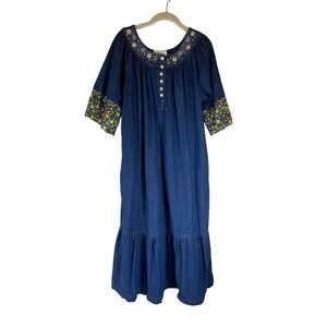 Victorian‎ Era Denim Dress Floral Embroidered Cottagecore Midi Prairiecore